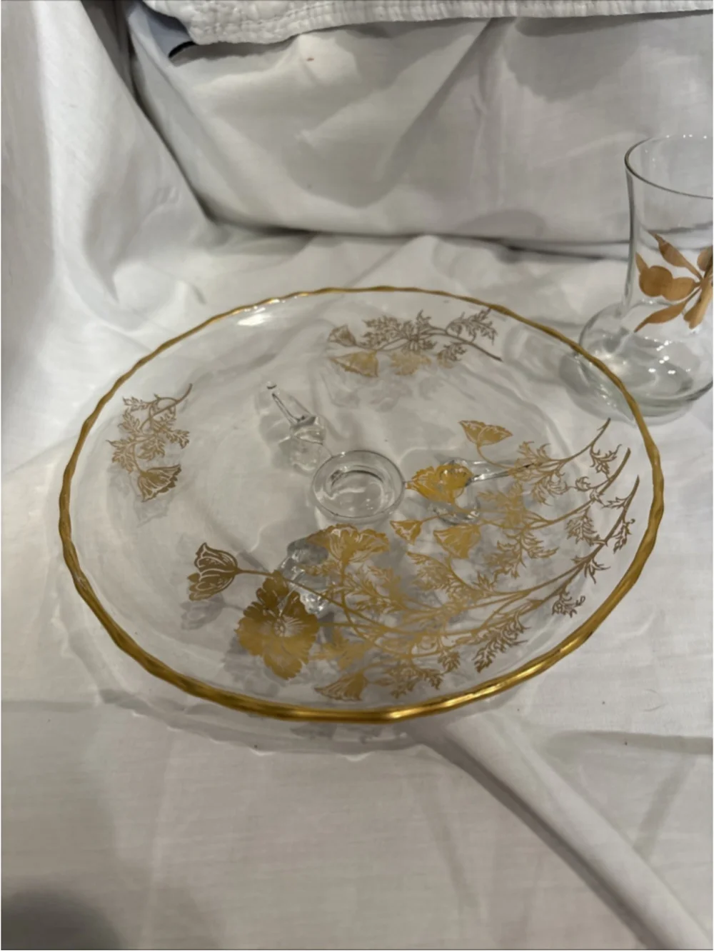 Vintage Glass Dish, Bud Vase & Caprice Footed Platter W/painted Gold 1065